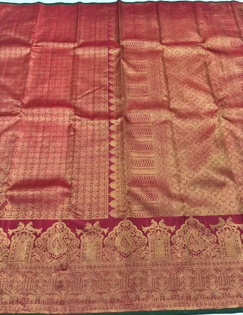 Araku Red Kanchipuram Handloom Silk Saree with Gold Zari Turning Border