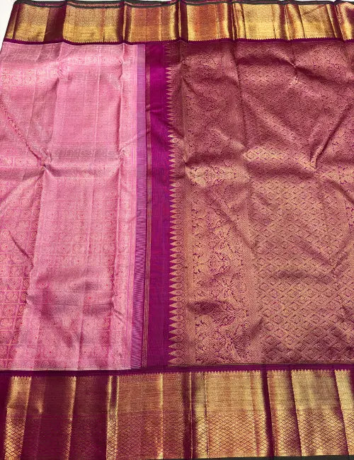 Elegant Baby Pink Kanchipuram Silk Saree with Maroon Border & Gold Zari Weaving