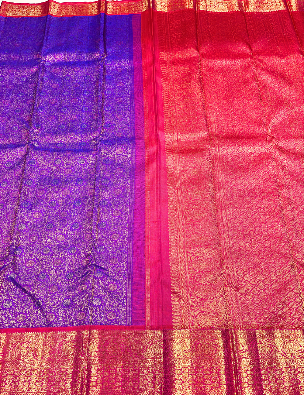Royal Blue & Red Kanchipuram Handloom Silk Saree with Gold Zari Floral Motifs