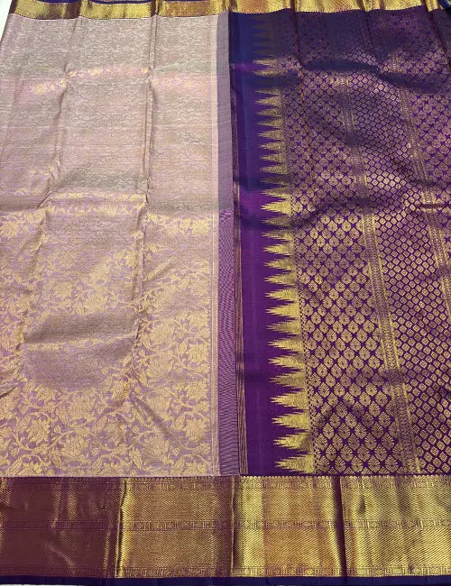 Exquisite Lavender Kanchipuram Silk Saree with Dark Purple Border & Gold Zari