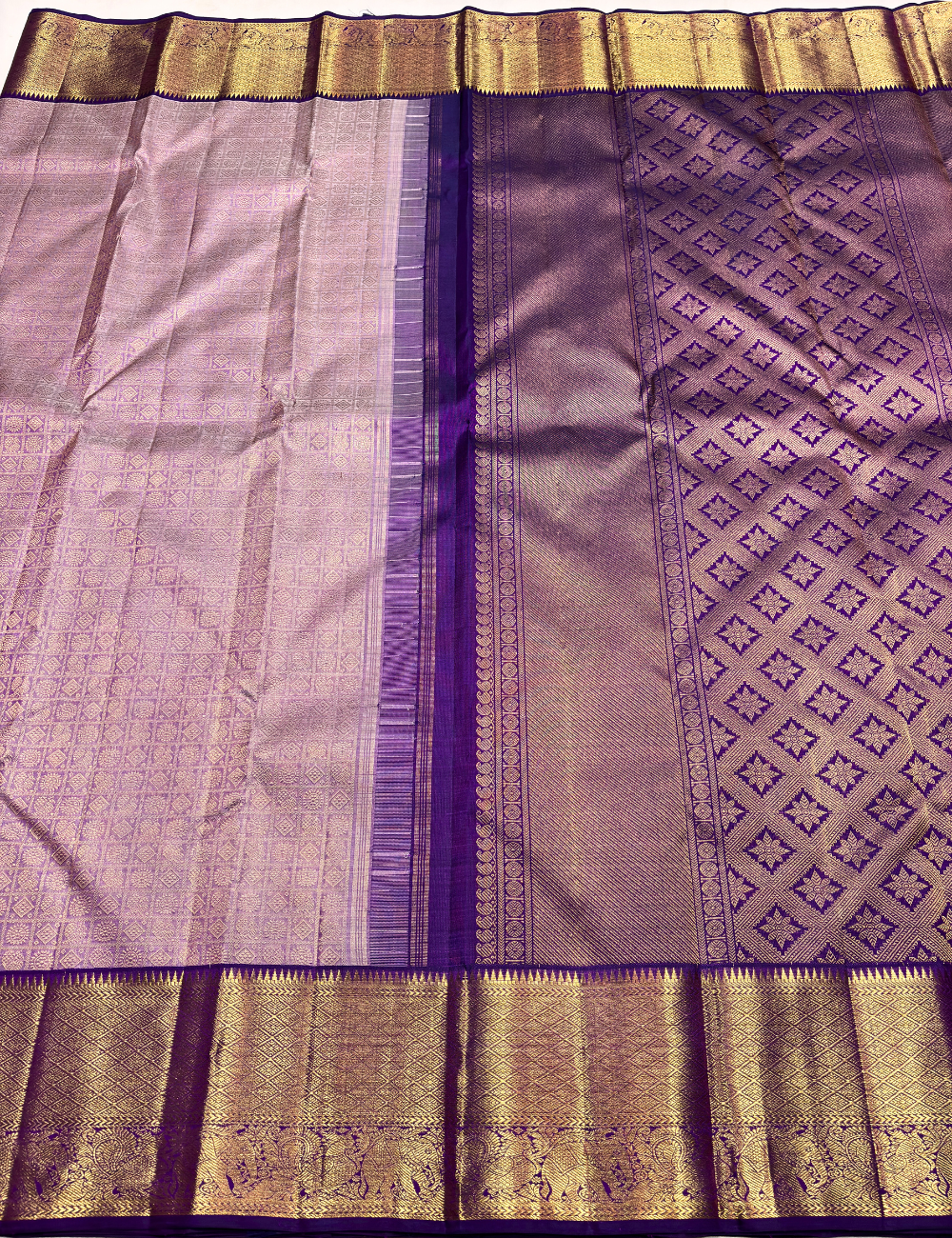 Lavender Kanchipuram Silk Saree with Purple Border & Gold Zari