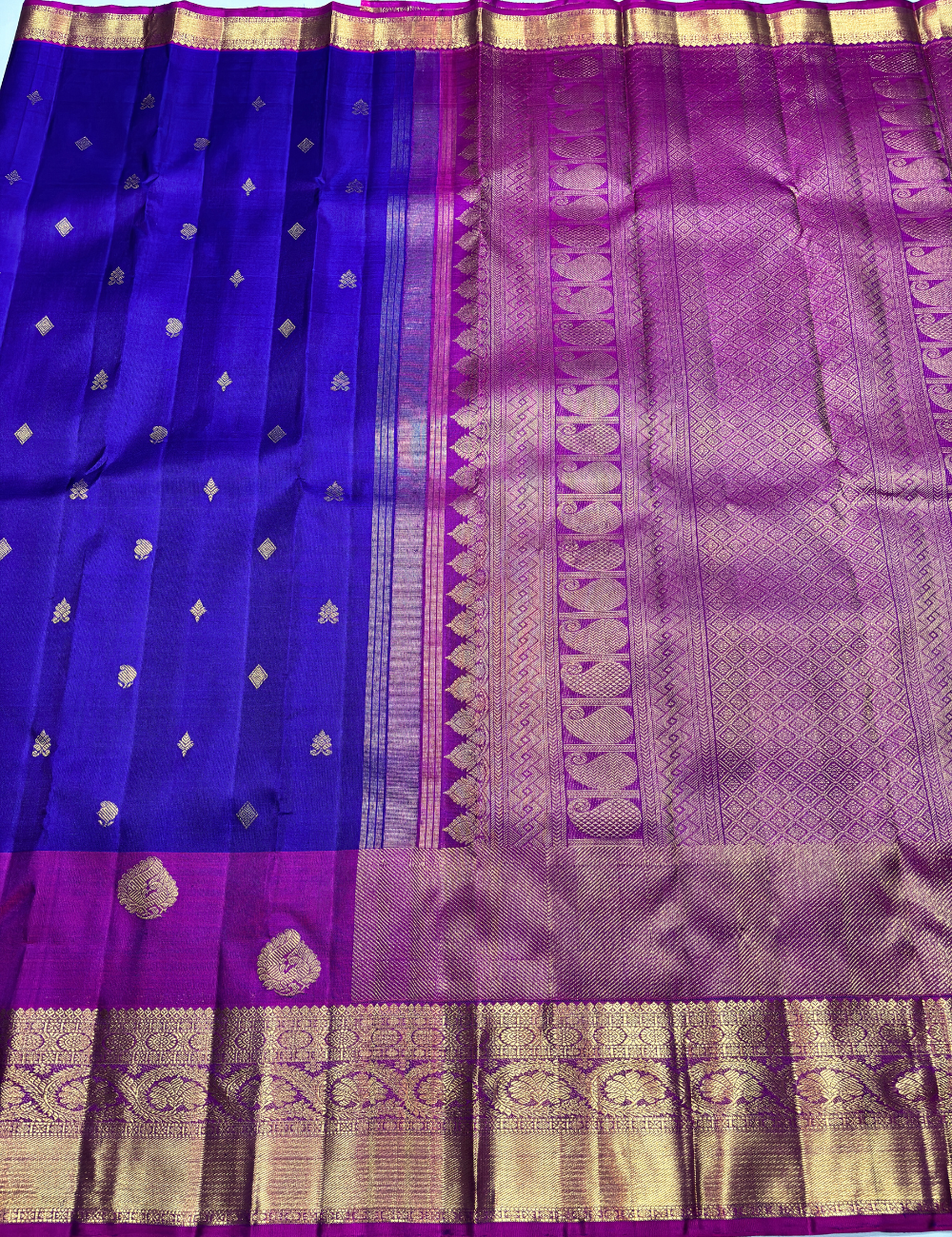 Magenta & Violet Kanchipuram Silk Saree – Small Butta | Rich Gold Border