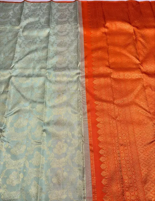 Borderless Pistachio Green Kanchipuram Handloom Silk Saree with Grand Orange Pallu