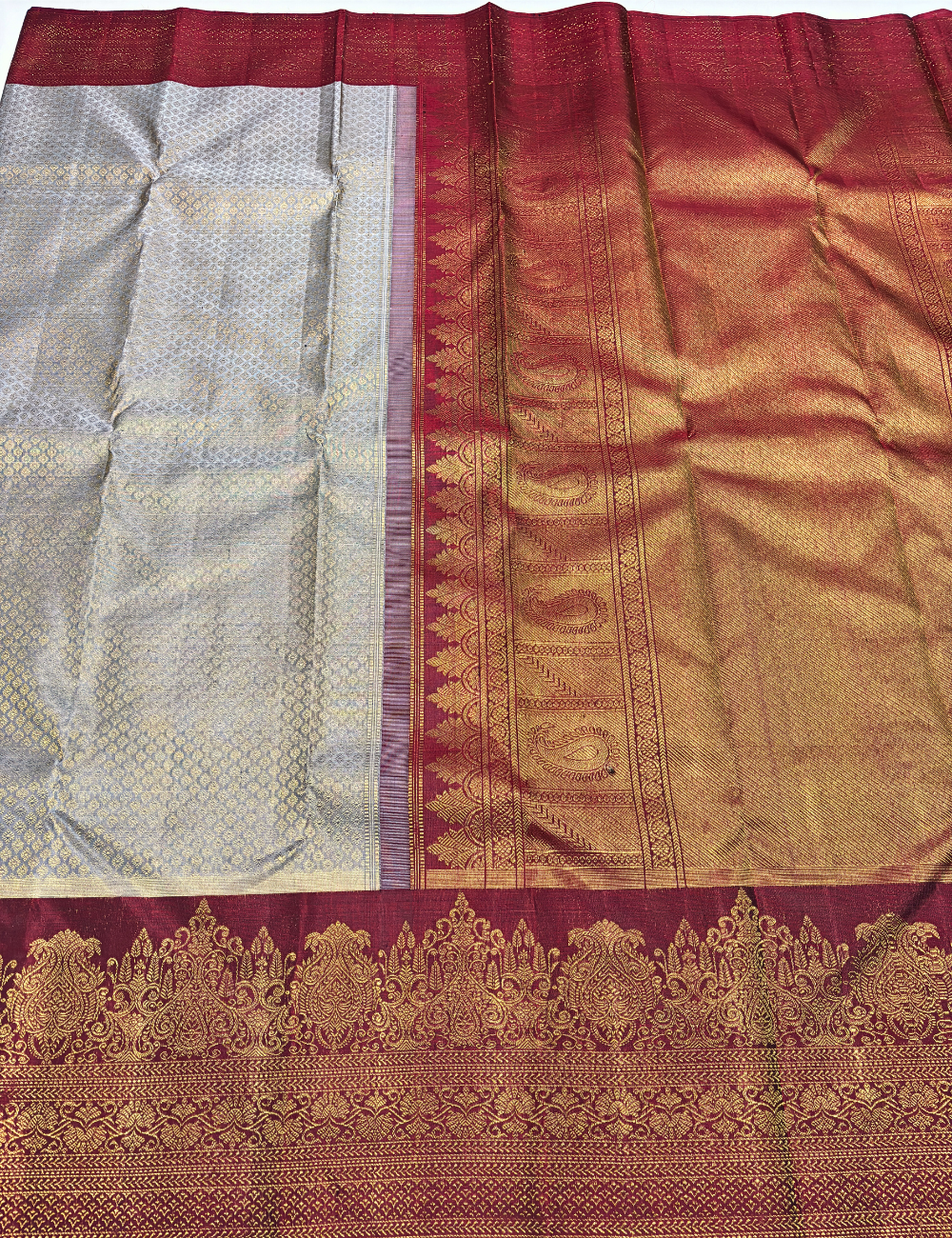 Elegant Grey Kanchipuram Handloom Silk Saree with Maroon Turning Border