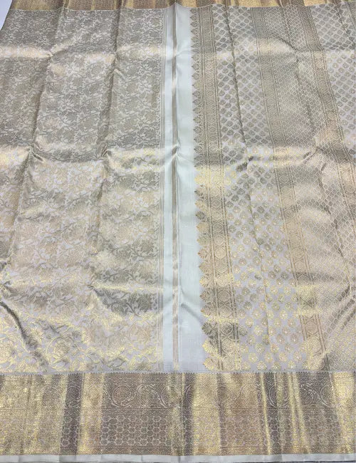 Elegant Off-White Handloom Kanchipuram Silk Saree with Gold Floral Motifs