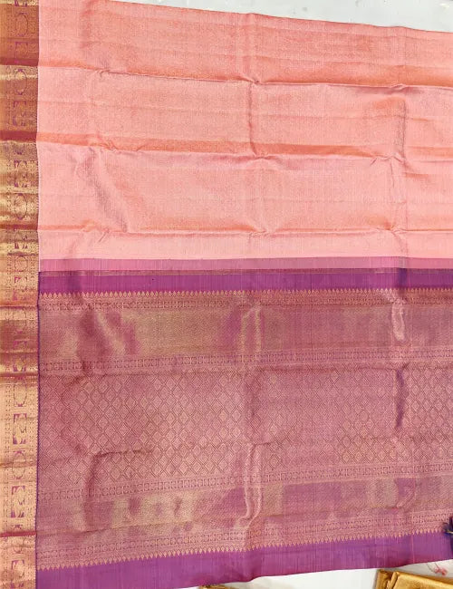 Pure Handloom Kanchipuram Silk Saree – Peach Pink with Purple Border, Annam & Chakram Motifs