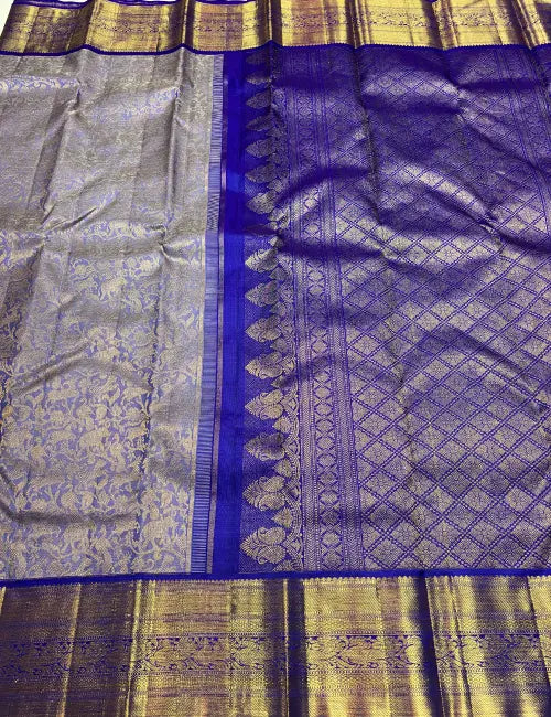 Blue Kanchipuram Silk Saree – Vanasingaram Weaving | Gold Zari Border