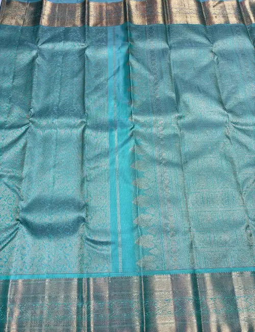 Majestic Sea Green Kanchipuram Handloom Silk Saree with Floral Peacock Motifs