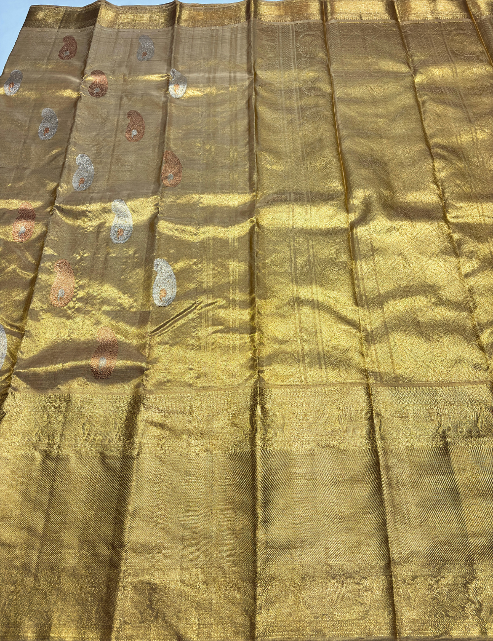 Gold Tissue Kanchipuram Handloom Silk Saree – Long Zari Border | Mango Motifs