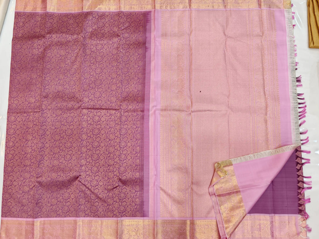 Handwoven Kanchipuram Pure Silk Saree in Lavender Pink with Rich Gold Zari Floral Design