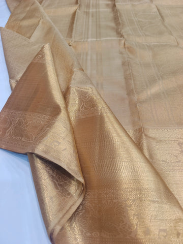 Pure Handloom Kanchipuram Gold Silk Saree with Peacock & Chakra Motif Long Border