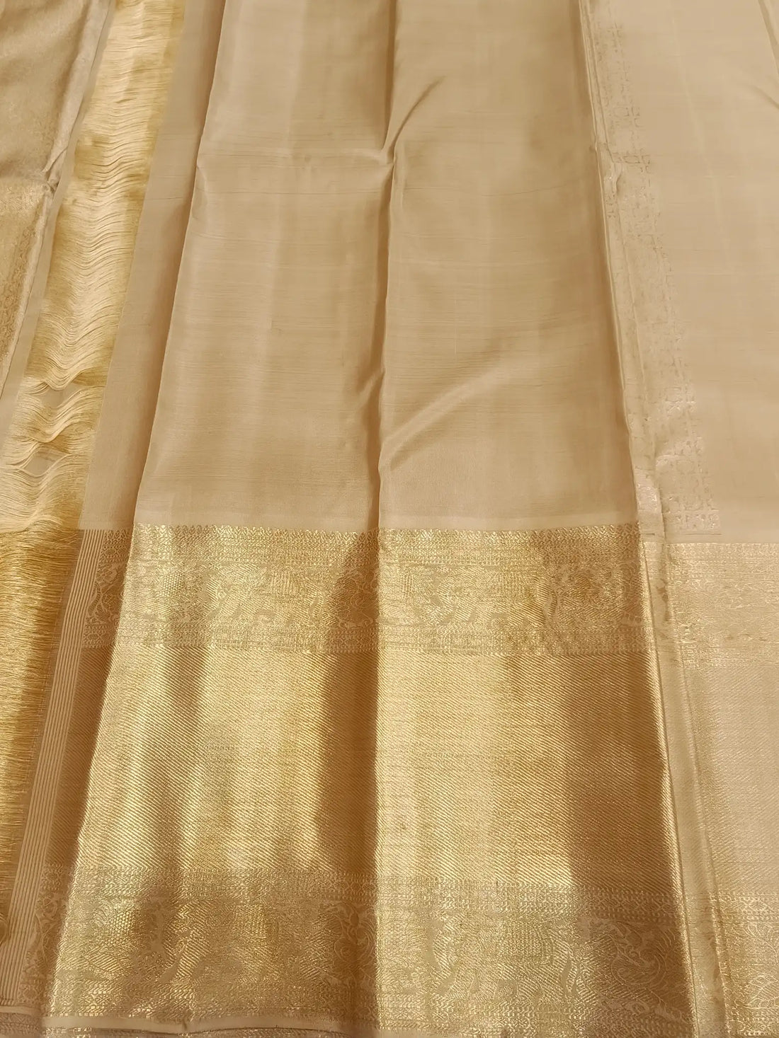 Pure Handloom Kanchipuram Gold Silk Saree with Peacock & Chakra Motif Long Border