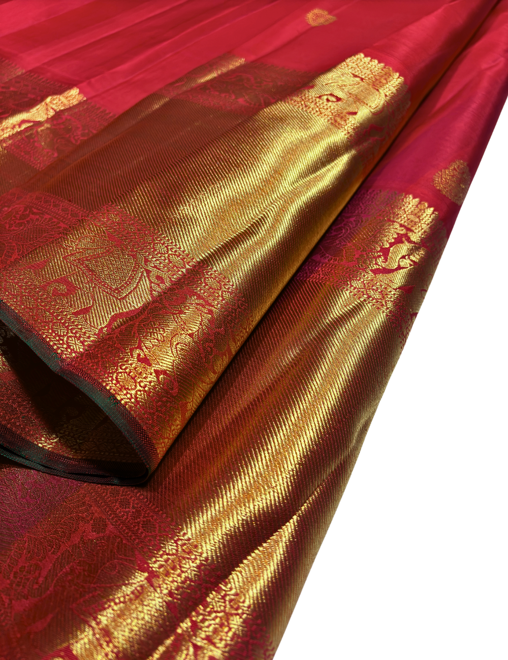 Rich Red Kanchipuram Silk Saree with Long Gold Zari Border & Traditional Motifs