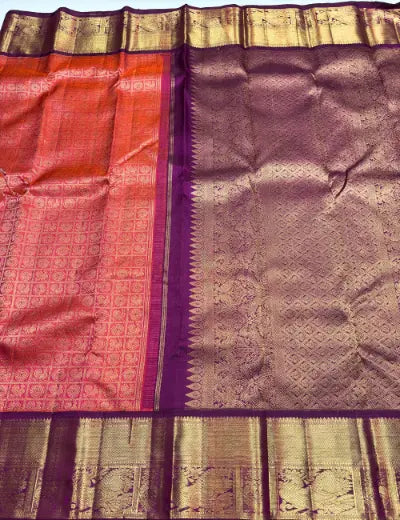 Orange Body with Maroon Border | Peacock & Chakra Weaving |Kanchipuram Handloom Silk Saree