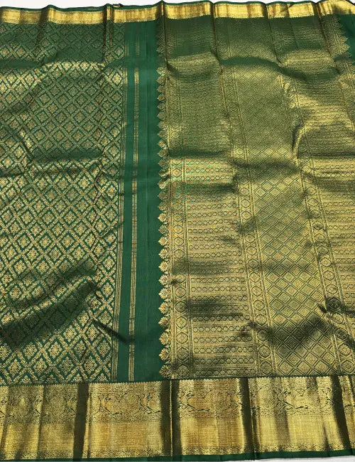 Bottle Green Kanchipuram Silk Saree with Gold Border & Intricate Check Designs