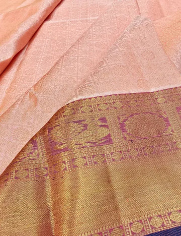 Pure Handloom Kanchipuram Silk Saree – Peach Pink with Purple Border, Annam & Chakram Motifs