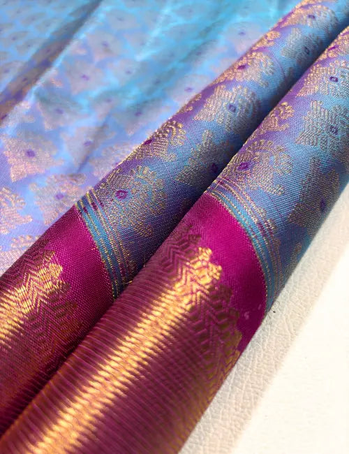Unique Double Tone Kanchipuram Handloom Silk Saree with Pink Border & Grand Pallu