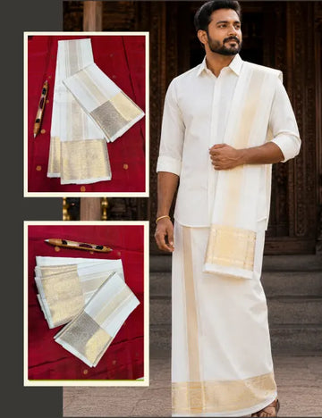Pure Handloom Kanchipuram Silk Dhoti & Angavastram Set – White Cream with Gold Zari Double Elephant 5 inches Border 8*4