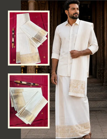 Pure Handloom Kanchipuram Silk Dhoti & Angavastram Set – White Cream with Gold Zari Horse Motif Border 8*4