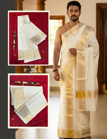 Pure Handloom Kanchipuram Silk Dhoti & Angavastram Set – White Cream with Gold Zari Geometric Border 8*4
