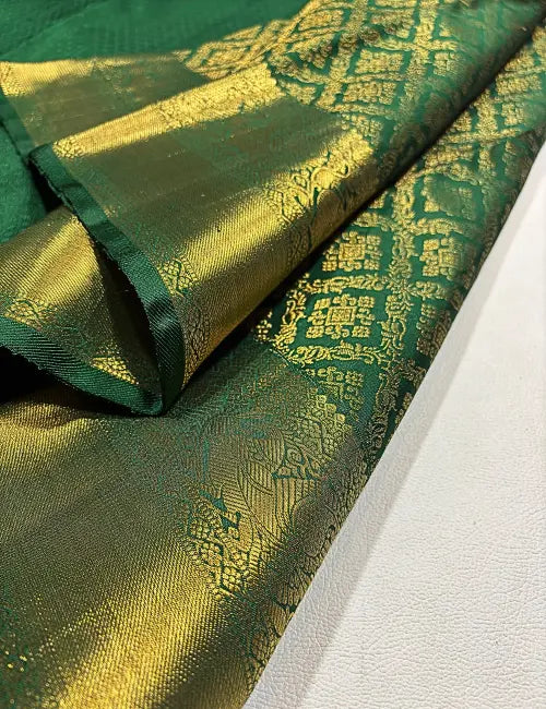 Bottle Green Kanchipuram Silk Saree with Gold Border & Intricate Check Designs