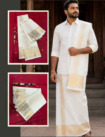 Pure Handloom Kanchipuram Silk Dhoti & Angavastram Set – White Cream with Gold Zari Double Elephant Border 8*4