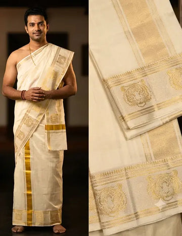 Pure Kanchipuram Silk Dhoti Set in White Cream with Gold Zari Tiger Motif Border 8*4