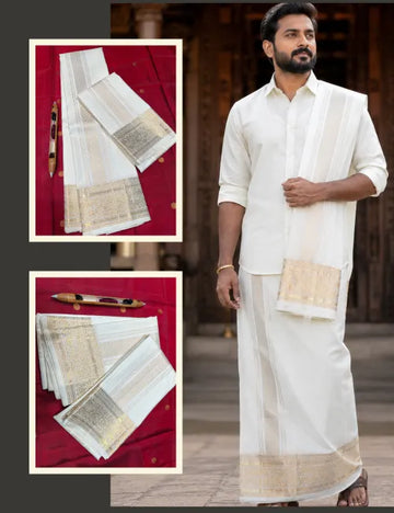 Pure Handloom Kanchipuram Silk Dhoti & Angavastram Set – White Cream with Gold Zari Umbrella, Elephant & Peacock Border 8*4