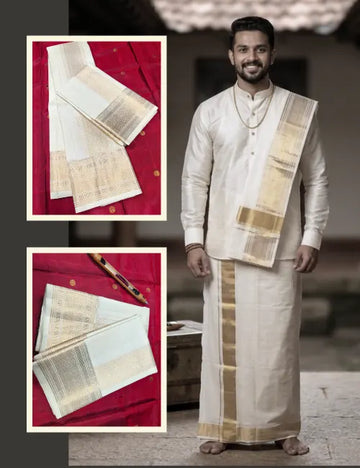 Pure Handloom Kanchipuram Silk Dhoti & Angavastram Set – White Cream with Rich Gold Zari Traditional Broad Border 8*4