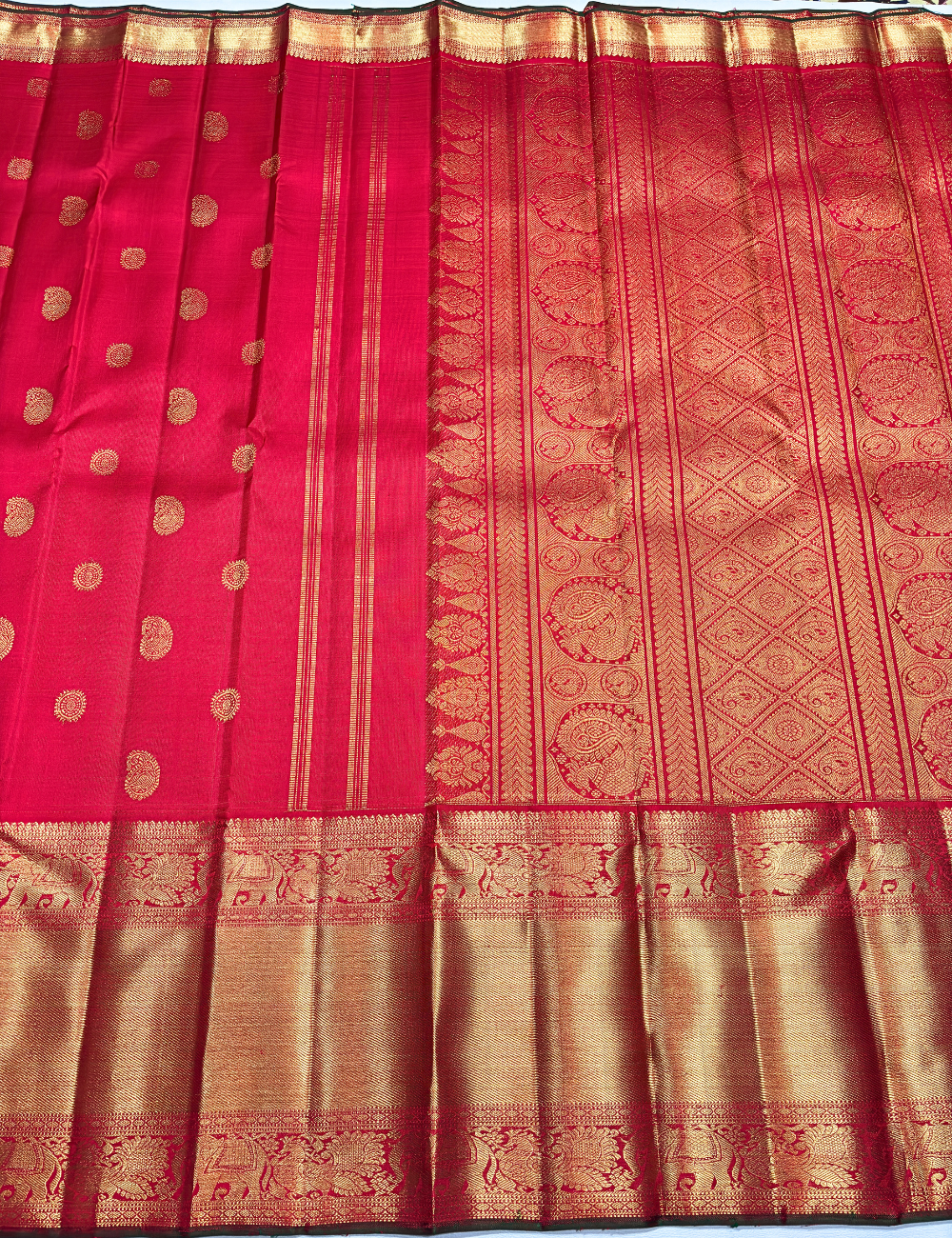 Rich Red Kanchipuram Silk Saree with Long Gold Zari Border & Traditional Motifs