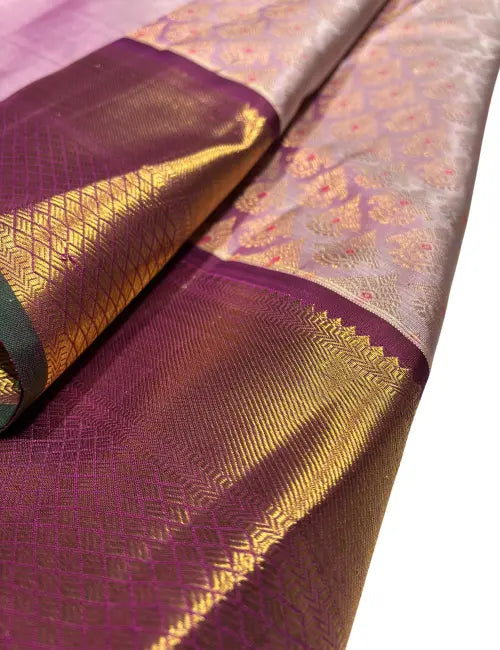 Lavender with Gold Zari & Maroon Border kanchipuram silk saree