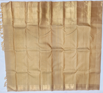 Pure Handloom Kanchipuram Gold Silk Saree with Peacock & Chakra Motif Long Border