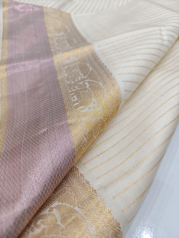 Elegant Ivory & Mauve Pure Silk Saree with Antique Gold Zari