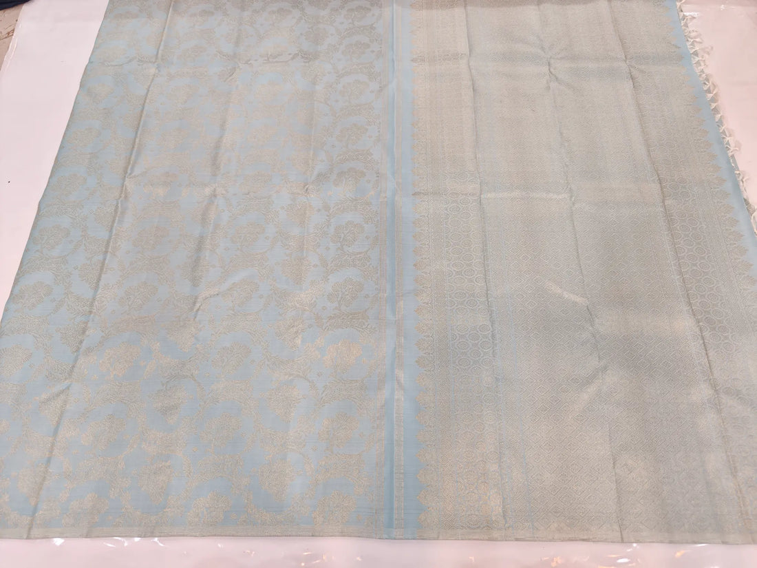 Pure Handloom Kanchipuram Silk Saree – Light Blue with Silver-Gold Zari Floral Body & Geometric Pallu