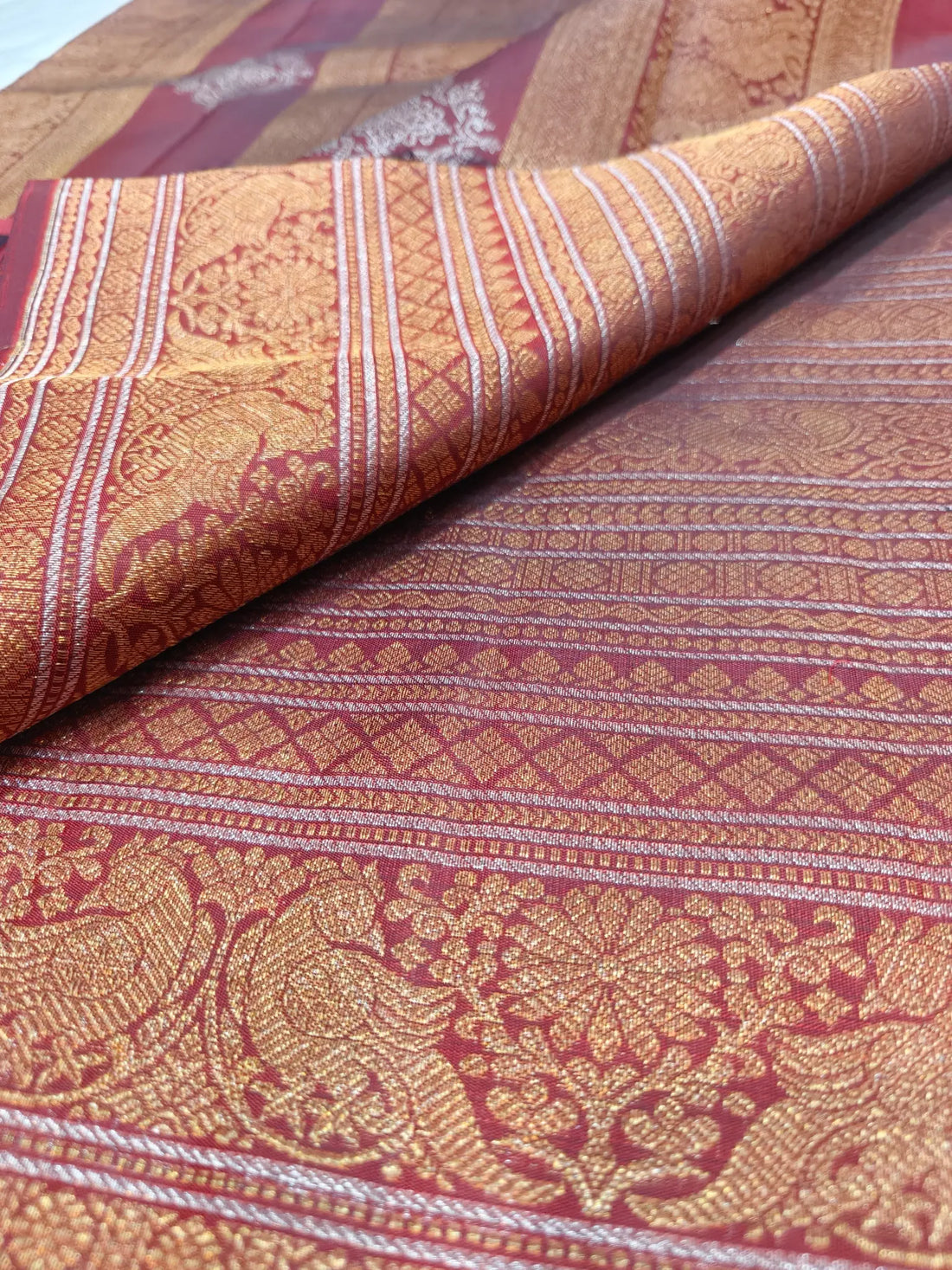 Pure Handloom Kanchipuram Silk Saree – Maroon with Rich Gold Zari Paisley & Traditional Motif Border