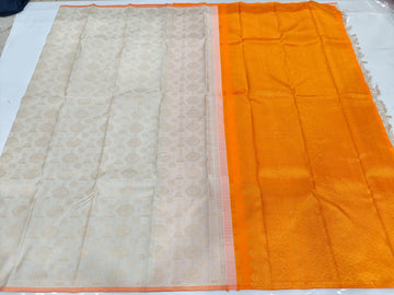 Ivory White with Gold Butti & Bright Orange Pallu