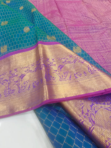 Peacock Blue Vaira Oosi Butta with Magenta Pink Border