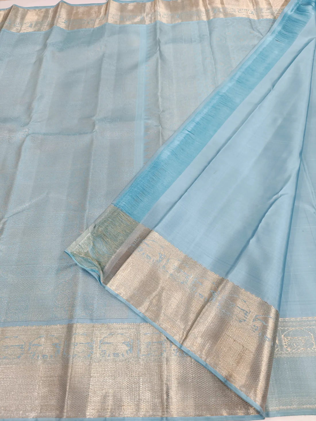 Pure Handloom Kanchipuram Silk Saree – Light Blue with Gold & Silver Zari Annam and Elephant Border