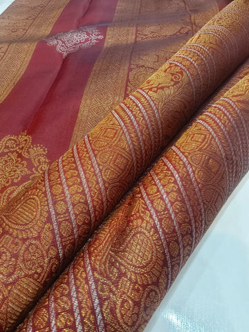 Pure Handloom Kanchipuram Silk Saree – Maroon with Rich Gold Zari Paisley & Traditional Motif Border