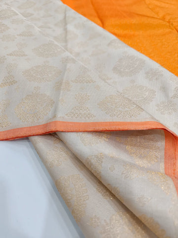 Ivory White with Gold Butti & Bright Orange Pallu