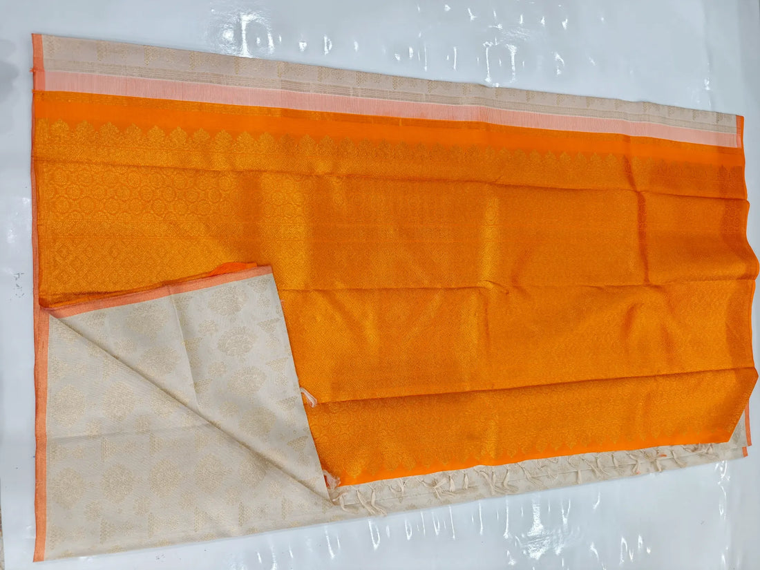 Ivory White with Gold Butti & Bright Orange Pallu