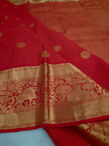 Red Checked Body with Gold Butti & Grand Zari Pallu