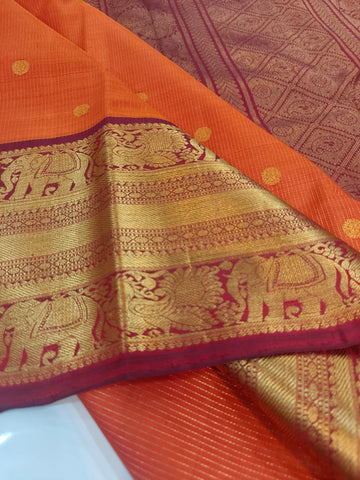 Orange Kanchipuram Silk Saree with Gold Zari Elephant Border & Traditional Motif Pallu