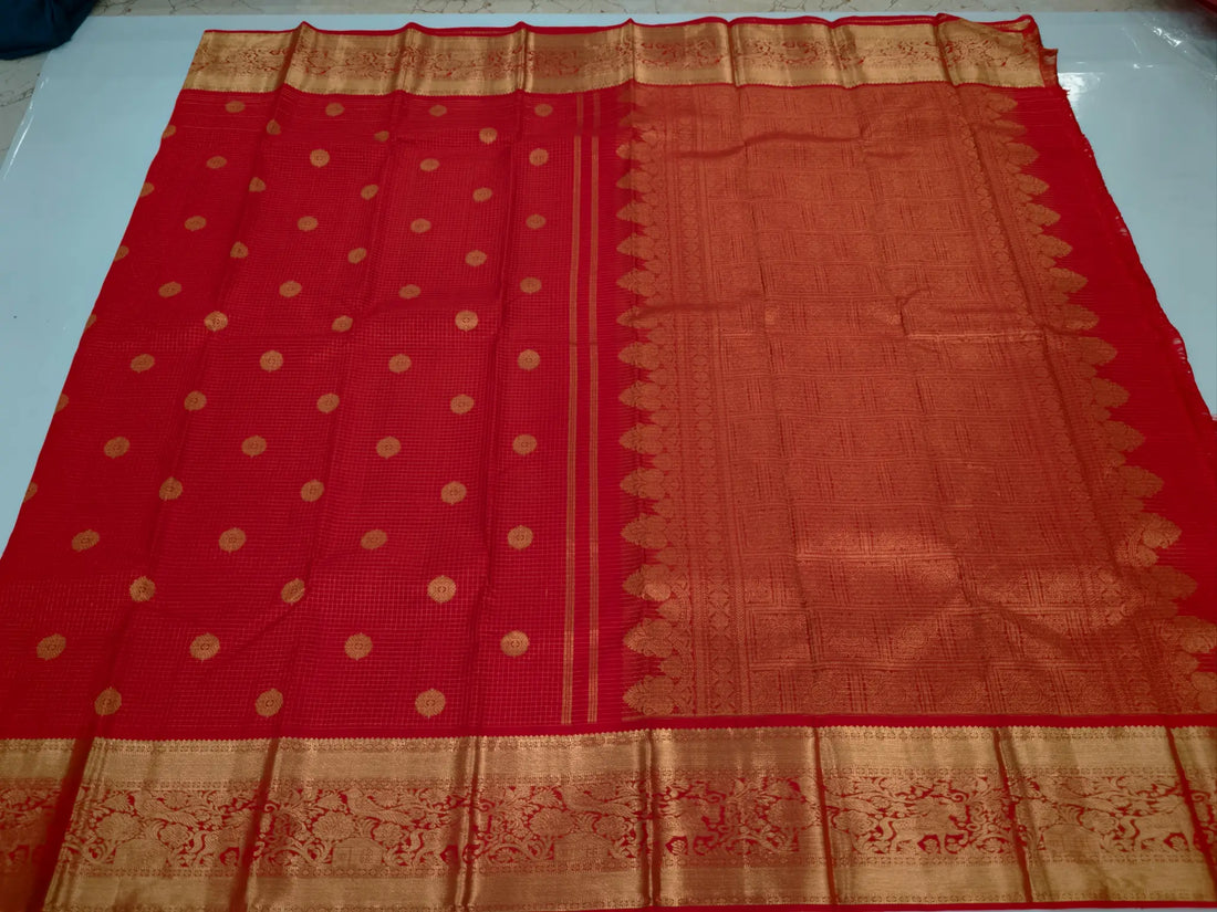 Red Checked Body with Gold Butti & Grand Zari Pallu