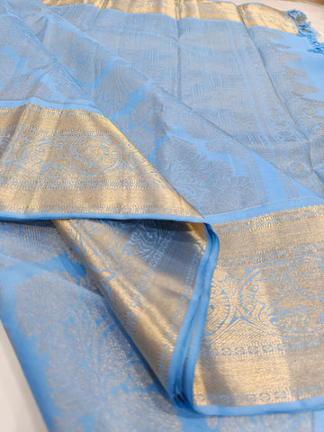 Light Blue Kanchipuram Silk Saree with Rich Gold Zari Border & Traditional Pallu