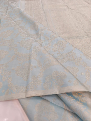 Pure Handloom Kanchipuram Silk Saree – Light Blue with Silver-Gold Zari Floral Body & Geometric Pallu