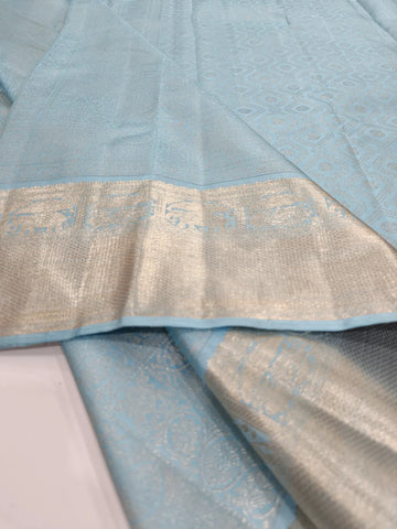 Pure Handloom Kanchipuram Silk Saree – Light Blue with Gold & Silver Zari Annam and Elephant Border